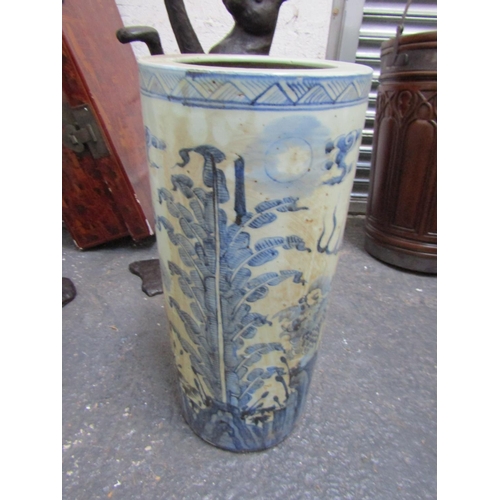 450 - Oriental Blue and White Stick and Umbrella Stand Circular Form Approximately 28 Inches High x 9 Inch... 