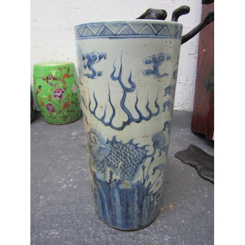 450 - Oriental Blue and White Stick and Umbrella Stand Circular Form Approximately 28 Inches High x 9 Inch... 