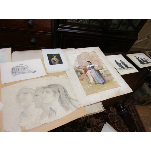 452 - Collection of Various Watercolours and Charcoal Drawings Quantity As Photographed