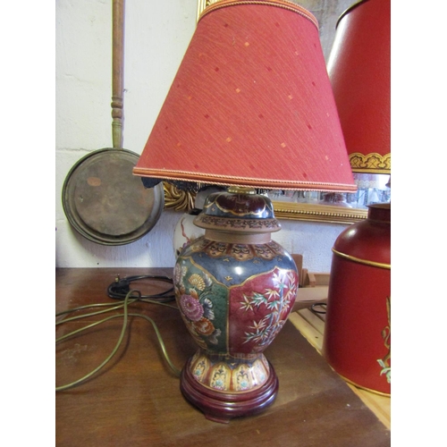 454 - Two Porcelain Gilt Decorated Table Lamps with Shades Each Electrified Working Order Tallest Approxim... 