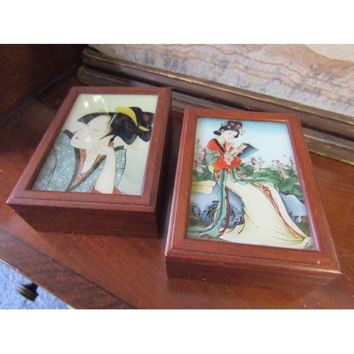 458 - Pair of Vintage Japanese Table Boxes with Reverse Glass Painted Tops Each Approximately 6ft Long x 4... 