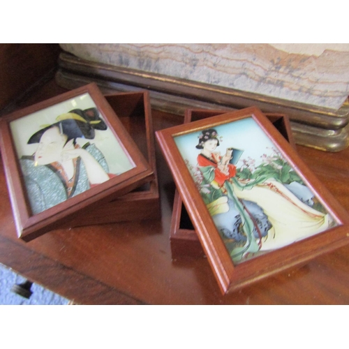 458 - Pair of Vintage Japanese Table Boxes with Reverse Glass Painted Tops Each Approximately 6ft Long x 4... 