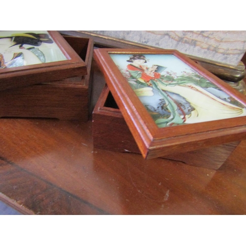 458 - Pair of Vintage Japanese Table Boxes with Reverse Glass Painted Tops Each Approximately 6ft Long x 4... 