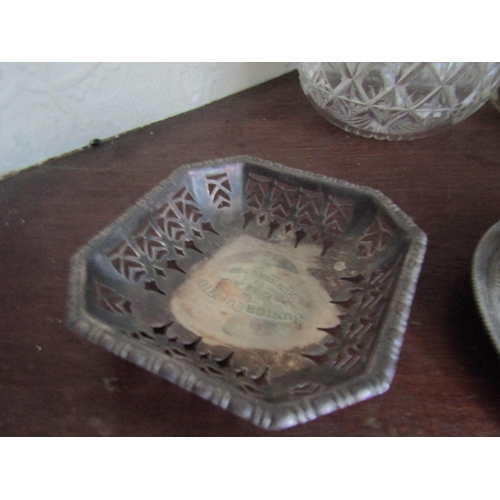 64 - Three Silver Dishes Shaped Form One Mexican Two English Widest Approximately 4 Inches