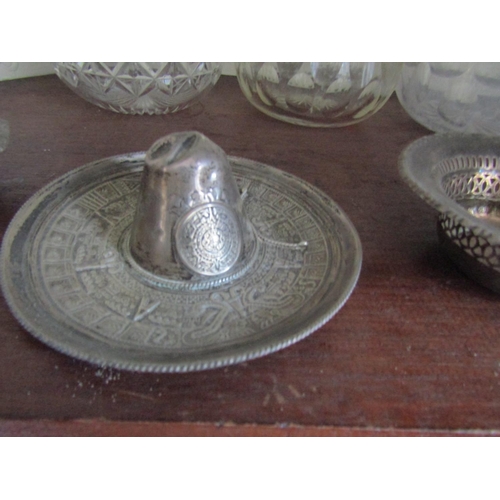 64 - Three Silver Dishes Shaped Form One Mexican Two English Widest Approximately 4 Inches