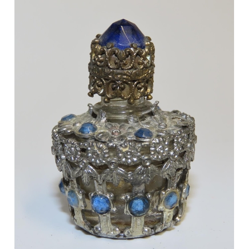 688 - Unusual Eastern or Persian Silver Overlayed Gem Set Bottle Approximately 7cm High