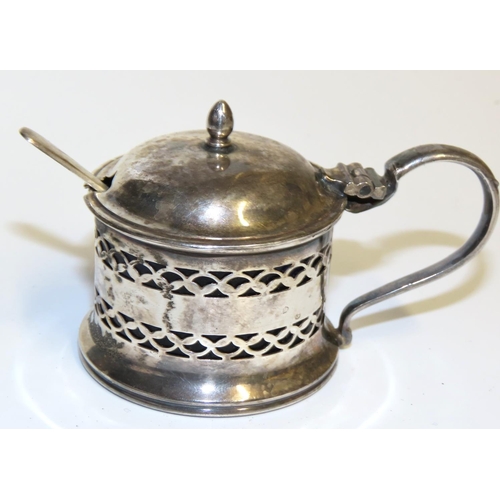 691 - Silver Mustard Pot with Silver Condiment Spoon Hinged Cover Original Bristol Blue Glass Liner