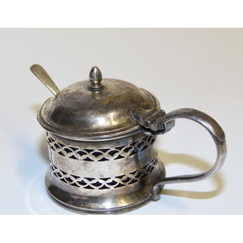 691 - Silver Mustard Pot with Silver Condiment Spoon Hinged Cover Original Bristol Blue Glass Liner