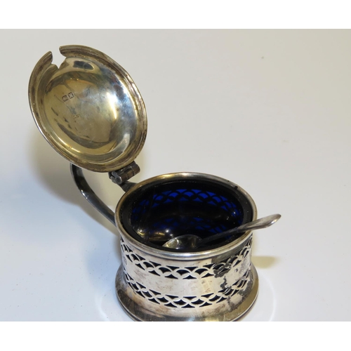 691 - Silver Mustard Pot with Silver Condiment Spoon Hinged Cover Original Bristol Blue Glass Liner