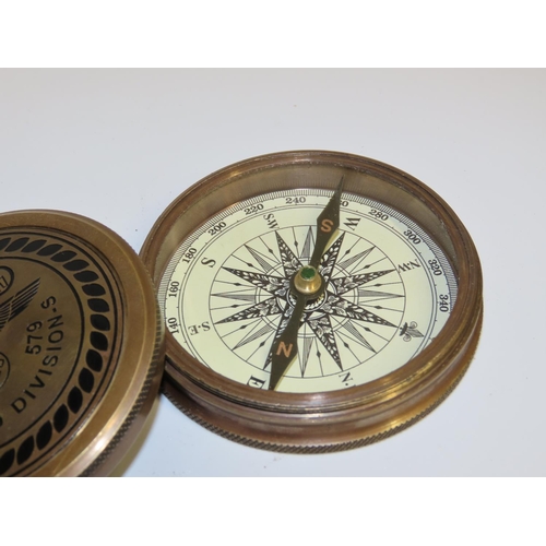 695 - Bronze Bound German Military Compass with Various Insignia to Cover Screw Top Approximately 9cm Diam... 