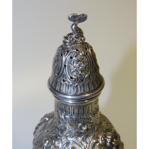 696 - Silver Sugar Sifter with Dolphin Motif Finial Decoration Pedestal Form Insist Decoration Throughout ... 