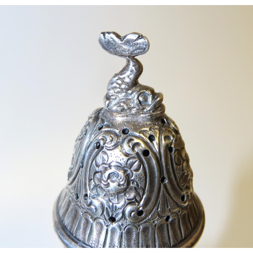 696 - Silver Sugar Sifter with Dolphin Motif Finial Decoration Pedestal Form Insist Decoration Throughout ... 