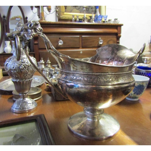 697 - Large Silver Pouring Boat Bore Motif Ring Decorated Handle Turned Pedestal Form Attractively Detaile... 