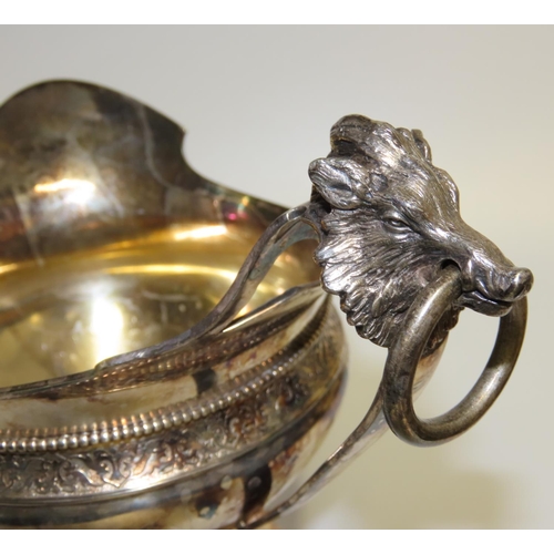 697 - Large Silver Pouring Boat Bore Motif Ring Decorated Handle Turned Pedestal Form Attractively Detaile... 