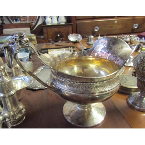 697 - Large Silver Pouring Boat Bore Motif Ring Decorated Handle Turned Pedestal Form Attractively Detaile... 