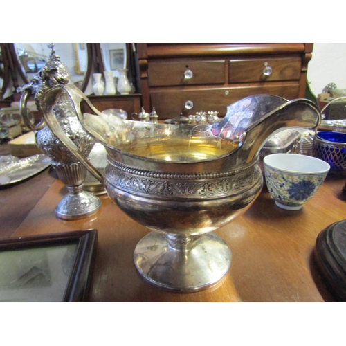 697 - Large Silver Pouring Boat Bore Motif Ring Decorated Handle Turned Pedestal Form Attractively Detaile... 