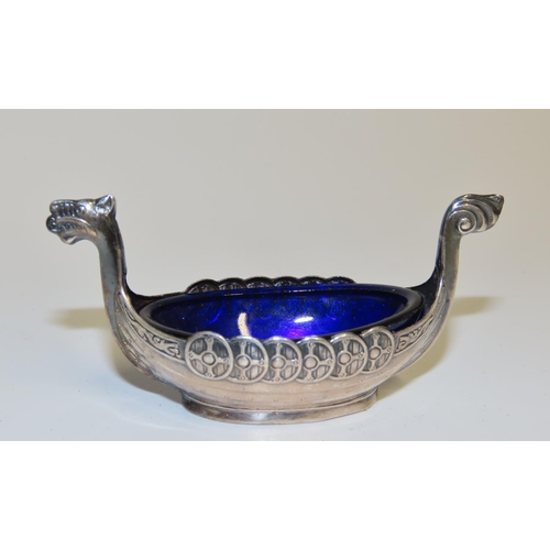 702 - Viking Ship Motif Table Salt Original Bristol Blue Glass Liner