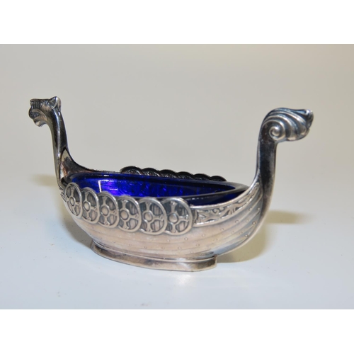 702 - Viking Ship Motif Table Salt Original Bristol Blue Glass Liner