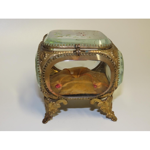 705 - Three Crystal Ormolu Mounted Jewellery Boxes Glazed Covers Hinged Tops Attractively Detailed Largest... 