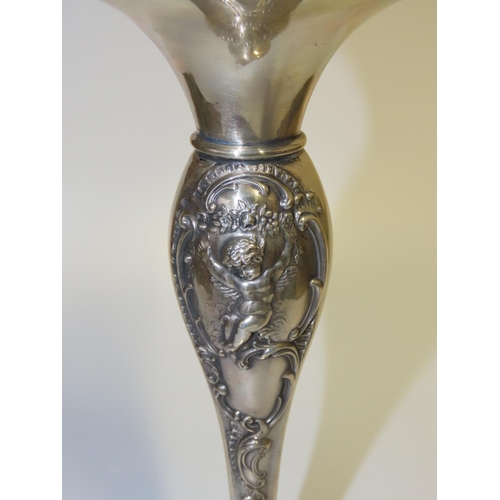 715 - Tall Silver Flower Vase Pedestal Form Emboss Decoration Approximately 9 Inches High