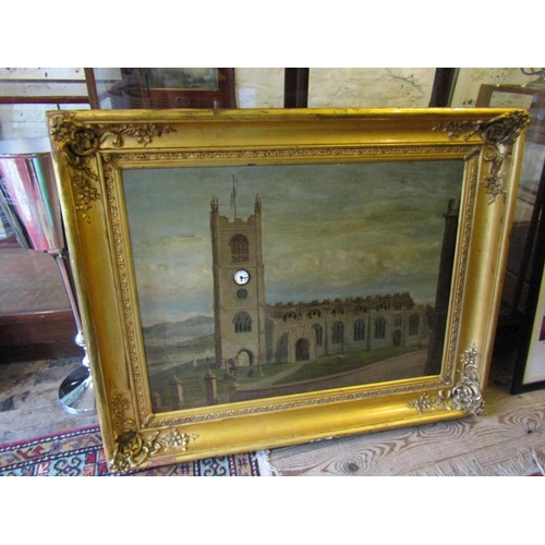 720 - Large Nineteenth Century School Painting Circa 1850 with Original Mechanical Movement to Tower Oil o... 