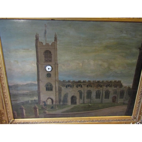 720 - Large Nineteenth Century School Painting Circa 1850 with Original Mechanical Movement to Tower Oil o... 