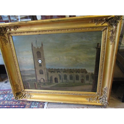 720 - Large Nineteenth Century School Painting Circa 1850 with Original Mechanical Movement to Tower Oil o... 