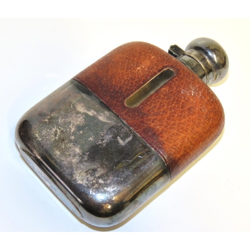 726 - Silver Cased Leather Bound Whiskey Flask with Hinged Safety Cover