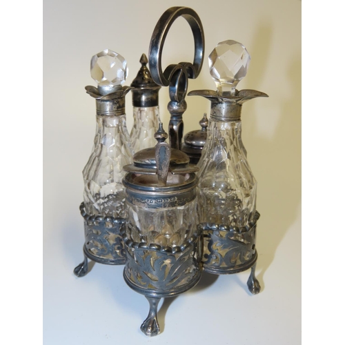 730 - Silver Mounted Cut Crystal Five Piece Table Cruet Integral Stand Shaped Supports