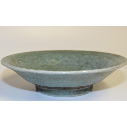 738 - Oriental Fired Earthenware Shallow Form Dish Insist Decoration Approximately 6 Inches Diameter