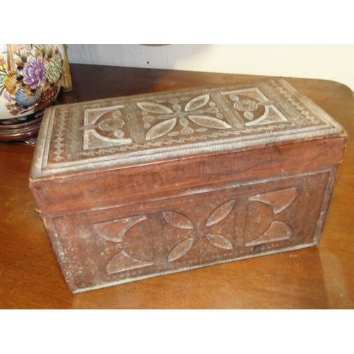 745 - Iberian Leather Bound Table Box Impressed Decoration Hinged Cover Approximately 12 Inches Wide