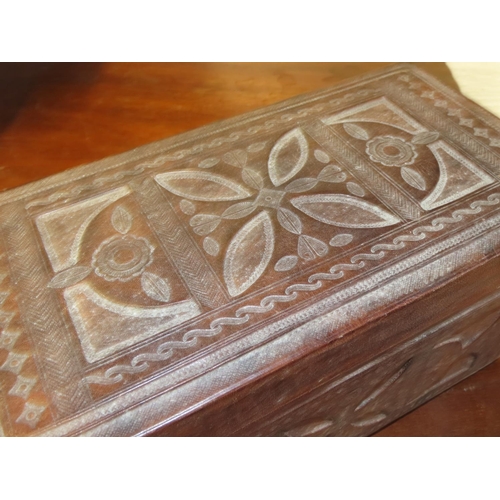 745 - Iberian Leather Bound Table Box Impressed Decoration Hinged Cover Approximately 12 Inches Wide