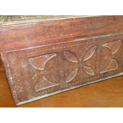 745 - Iberian Leather Bound Table Box Impressed Decoration Hinged Cover Approximately 12 Inches Wide