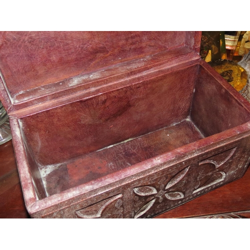 745 - Iberian Leather Bound Table Box Impressed Decoration Hinged Cover Approximately 12 Inches Wide