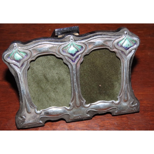 754 - Silver Enameled Decorated Liberty Design Twin Photograph Frame Approximately 5 Inches Wide