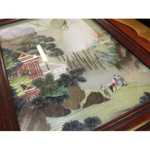 755 - Oriental Fine Silk Needlework Panel contained within Hardwood Frame Approximately 6 Inches High x 5 ... 