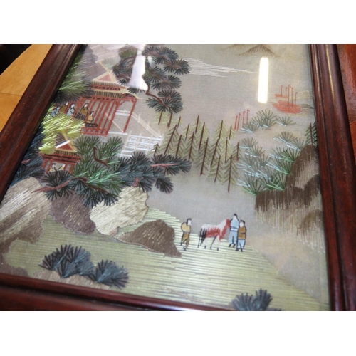 755 - Oriental Fine Silk Needlework Panel contained within Hardwood Frame Approximately 6 Inches High x 5 ... 