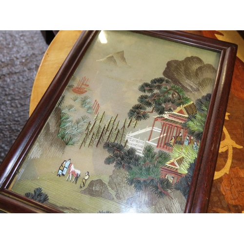 755 - Oriental Fine Silk Needlework Panel contained within Hardwood Frame Approximately 6 Inches High x 5 ... 