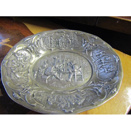 760 - Silver Oval Form Table Dish Decorated with Tavern and Harvest Scenes