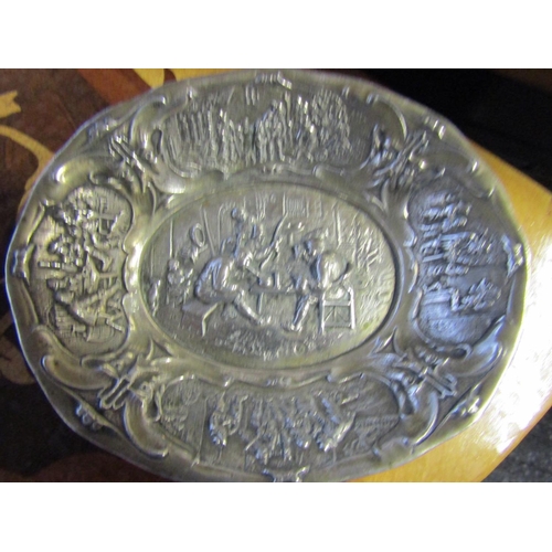 760 - Silver Oval Form Table Dish Decorated with Tavern and Harvest Scenes