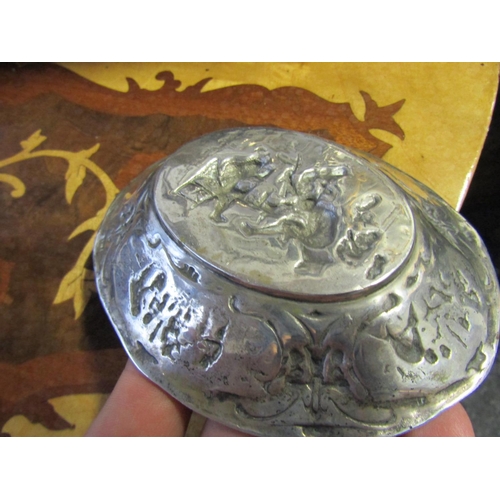 760 - Silver Oval Form Table Dish Decorated with Tavern and Harvest Scenes