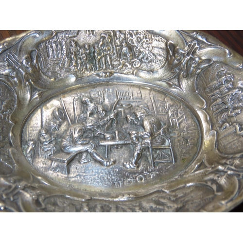 760 - Silver Oval Form Table Dish Decorated with Tavern and Harvest Scenes