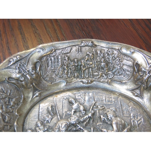 760 - Silver Oval Form Table Dish Decorated with Tavern and Harvest Scenes