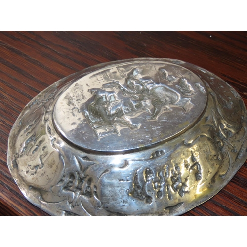 760 - Silver Oval Form Table Dish Decorated with Tavern and Harvest Scenes