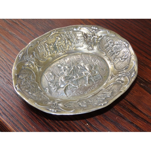 760 - Silver Oval Form Table Dish Decorated with Tavern and Harvest Scenes