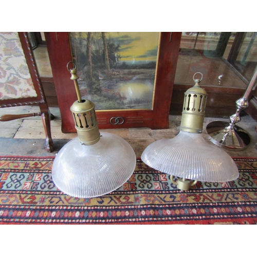 766 - Pair of Large Vintage Ceiling Lights Original Shades of Ribbed and Frosted Crystal Each Approximatel... 