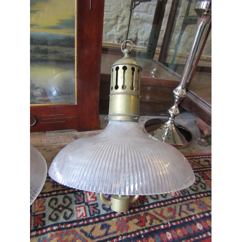 766 - Pair of Large Vintage Ceiling Lights Original Shades of Ribbed and Frosted Crystal Each Approximatel... 