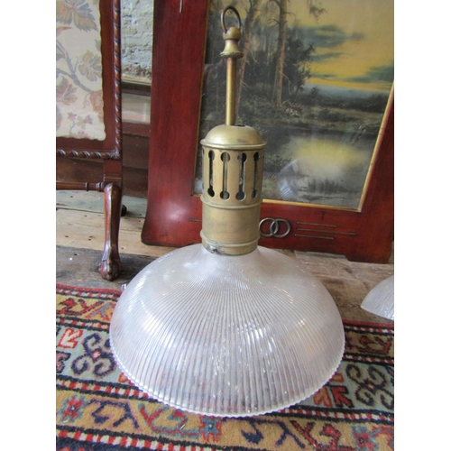 766 - Pair of Large Vintage Ceiling Lights Original Shades of Ribbed and Frosted Crystal Each Approximatel... 