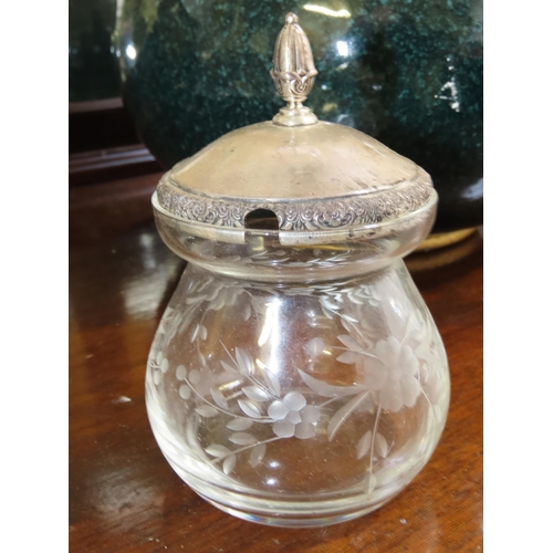 772 - Silver Top Cut Finial Decorated Engraved Crystal Preserved Jar Shaped Form