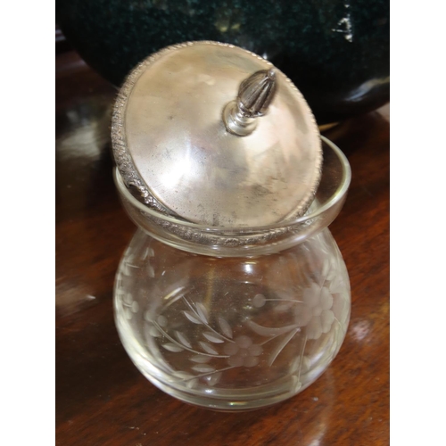 772 - Silver Top Cut Finial Decorated Engraved Crystal Preserved Jar Shaped Form